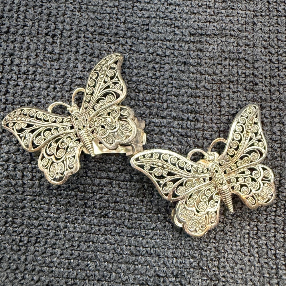 Vintage Sterling Silver Filigree Butterfly Clip On Earrings Germany